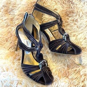 NEW | JIMMY CHOO Krissy 100 Embellished Velvet Sandal Heels Dark Mink | 37 | 6.5